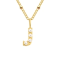 Minimalist gold necklace with letter J pendant featuring four inlaid white pearls - Letter J - Gold