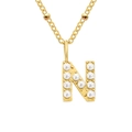 Elegant gold ball chain necklace featuring a pearl-inlaid capital letter N pendant - Letter N - Gold
