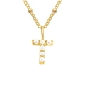 Gold beaded necklace featuring a shell pearl letter T pendant in stainless steel - Letter T - Gold
