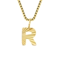 14K gold plated stainless steel necklace with sunburst textured letter R pendant - Letter R - Gold