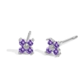 Blumen-Kleeblatt-Ohrstecker mit lila Kristallen und silbernem Edelstahl-Finish - Februar Violett