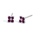 Silver flower stud earrings featuring purple crystals in a four-leaf clover design - June Purple