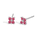 Silver flower stud earrings with four rose red zircons and minimalist silver center - July Rose Red