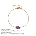 14K gold birthstone bracelet with pink rectangle and blue teardrop zircon stones - July Rose Red Square Lake Blue Teardrop