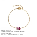 14K gold chain bracelet with pink rectangle and dark red teardrop zircon charms - October Pink Square Rose Red Teardrop