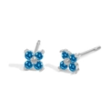 Silver flower stud earrings with sky blue gemstones and a central silver bead - December Lake Blue
