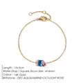 14K gold plated bracelet with square aquamarine and teardrop pink zircon gems - December Lake Blue Square Pink Teardrop