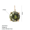 Macro shot of 6x6mm round olive green zircon pendant with 18K gold plated four-prong setting - August Light Green - Gold
