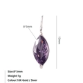 Vue détaillée du pendentif en zircon violet 8x3mm avec ses dimensions précises - Juin Violet - Argent