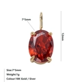 Detail view of 7x5mm oval red birthstone pendant with dimensions and 18K gold plating - January Red - Gold