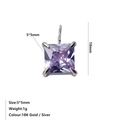 Macro-opname van 5x5mm paarse zirkoon hanger met afmetingen en gewichtsspecificaties - Februari Violet Stijl / Staalkleur
