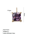 Detailoverzicht van 5x5mm paarse vierkante zirkonia hanger met 18K vergulde afwerking - Juni Paars Stijl / Goud