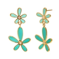 Boucles d'oreilles fleurs en acier doré 18K avec émail vert et zircons brillants - Clous d'oreilles Petite Herbe en Émail - Or