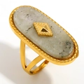 18K gold plated stainless steel open ring with oval white stone and rhombus relief - Oval Speckled Stone Open Ring / Gold