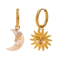 Asymmetric 18K gold plated stainless steel sun and moon earrings with pearl details - Asymmetric Sun Moon Face Design (E8236) / Gold
