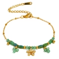 Bracciale in acciaio inossidabile placcato oro 18K con fiori e perline verdi da donna - Bracciale di Perline con Fiori - Oro