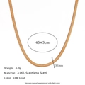 316L stainless steel snake chain necklace in 18K gold finish, 3.1mm width and 45cm length - 3mm Wide Blade Chain Necklace-Gold 40cm+5cm