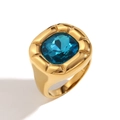 Bague rétro plaquée or 18 carats avec zircon bleu carré et détails rainurés - US 6 / Bague Zircon Fleur Carrée Arrondie Bleu