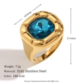 Blue cushion cut gemstone ring in 18K gold plated stainless steel, 23.4mm width - US 7 / Ring / Gold-Blue