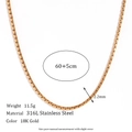 18K gold plated 316L stainless steel box chain necklace with 2.2mm width and 60cm length - 2.2mm Hammered Round Box Chain-Gold Necklace-60cm+5cm