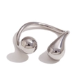 Polierter silberner Edelstahlring offen mit minimalistischem Kugel- und Tropfendesign - Doppel-Wassertropfen-Ring / Silber