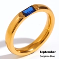 Anello in acciaio inossidabile placcato oro 18K con zircone blu zaffiro rettangolare settembre - Blu zaffiro