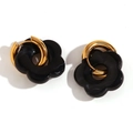 Retro black floral hoop earrings with 18K gold plated stainless steel rings - Gold-Black