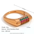 Macro view of 18K gold-plated wide band ring with colorful zircon stones and 316L steel - US 6 / Pave Rhinestone Flat Right-Angle-Gold Colorful