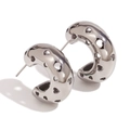 Polished silver stainless steel C-shaped earrings with hollow heart pattern - Hollow Heart Hoop (Silver)