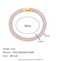 Pink rectangular zircon tennis bracelet in 18K gold plated stainless steel with safety clasp - Bracelet / Gold / Pink