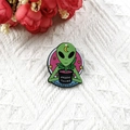 Green alien acrylic earring featuring lunar motif and green thumb plant design - Gardening Alien Style
