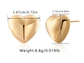 Detail showing 3D heart stud earrings dimensions and polished gold surface finish - Chunky 3D Solid Heart Style (KE1071) / 18K Gold
