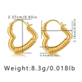 Detailed view of 18K gold plated heart hoop earrings with dimensions and weight info - Ribbed Heart Hoop Designer Style (KE1258) / 18K Gold