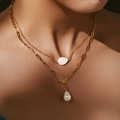 Double-layered 18K gold plated paperclip chain necklace with teardrop pearl and shell charm - 18K Gold / Shell Pearl Style (KN0411)