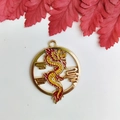 Detail view of a circular gold dragon pendant with red and yellow enamel craftmanship - Flying Dragon