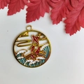 Chinese style golden koi fish pendant with red and blue enamel in a round hollow design - Carp
