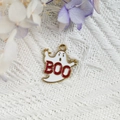 Ghost charm with red BOO text and gold finish for Halloween DIY jewelry making - Ghost-BOO(1)