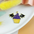 Gothic purple cupcake charm with black bat wings and gold stars for DIY jewelry making - Purple Bat Wing Cupcake Gold Stars