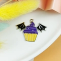 Halloween cupcake pendant with black bat wings for DIY jewelry making accessories - Purple Bat Wing Cupcake Silver Stars