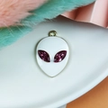 Golden alien head pendant with white enamel finish and purple rhinestone eyes - White