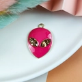 Rose red alien head charm in gold alloy with brown crystal eyes for DIY jewelry - Rose Red