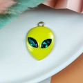 DIY alien head pendant in yellow enamel finish with green crystal eyes and gold loop - Yellow