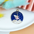 Pink fairy enamel round pendant with golden alloy edge for DIY jewelry making - Moon Fairy