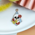 Punk style Halloween cat skull alloy pendant with red roses and yellow butterfly - Rhombus Frame Skull Flower Butterfly Style