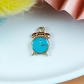 Light blue enamel alarm clock pendant in gold finish for DIY jewelry making - Blue