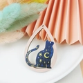 Starry sky cat drop wood pendant with moon and sun prints for DIY jewelry making - Cat