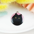 Enamel black cat round charm with yellow eyes and pink background for DIY jewelry - Black Cat Style (1)