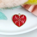 Red enamel heart charm with golden spider web pattern for Halloween jewelry making - Red