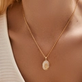 Elegant 18K gold plated necklace with oval rose relief pendant and mother of pearl inlay - 18K Gold / Rose Relief Style (KN0455)