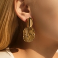 Elegant gold pleated drop earrings with textured irregular metal design for women - Vertical Ribbed Irregular Round (KE1379)
